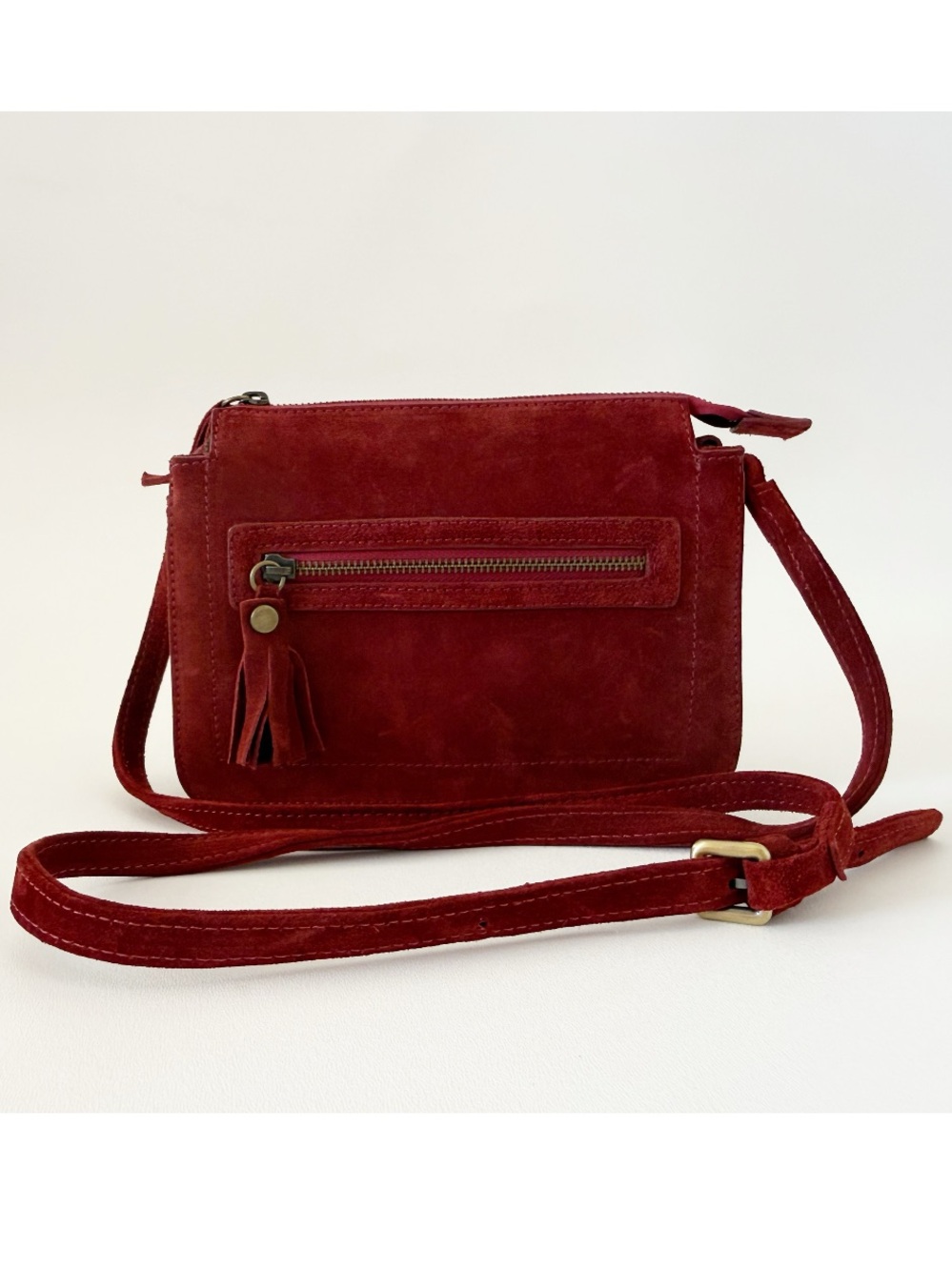 Sundance Bag Suede Crossbody Camera with Tassel Zip Chic Boho Red Small